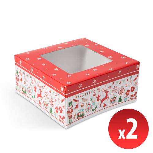 Ajándékdoboz - papír, karácsonyi mintás - átlátszó tetővel - 2 db / csomag - 58748