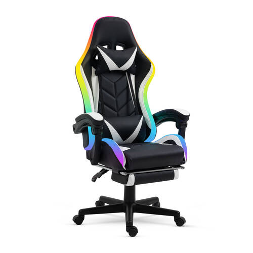 RGB LED-es gamer szék - karfával, párnával - fekete / fehér - BMD1115BK