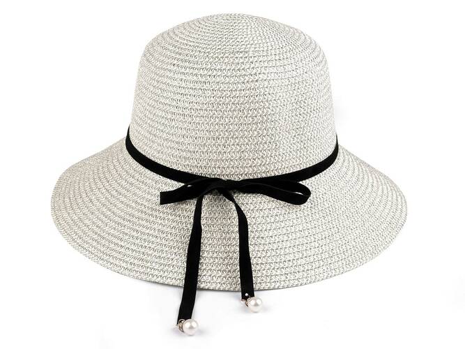 Női nyári kalap / szalmakalap bársony szalaggal és gyöngyökkel díszítve
