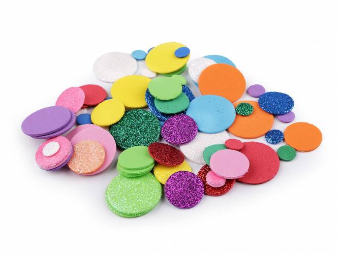 Habgumi Moosgummi színes, csillámos, glitteres kör alakúak - mix méretek