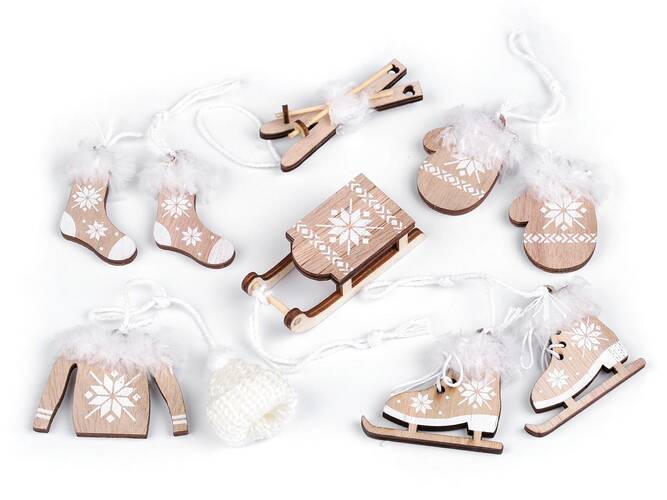 Karácsonyi dekoráció / dísz készlet - szánkó, síléc, korcsolya, sapka, kesztyű, zokni