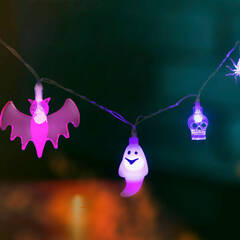 Halloween-i LED-es fényfüzér - 4 féle forma - 10 lila LED - 2 x AA - 1,35 m - 56524
