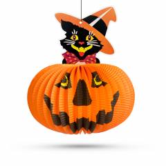 Halloween-i tökös lampion - macskával - akasztható - 26 cm - 58137A