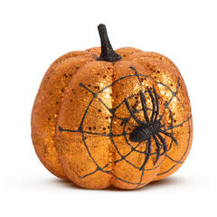Halloween-i tök dekoráció - narancs glitteres - pókhálóval - 15 cm - 58179A