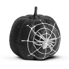 Halloween-i tök dekoráció - fekete glitteres - pókhálóval - 15 cm - 58179B