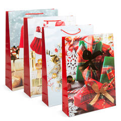 Karácsonyi ajándéktasak - papír - 330 x 102 x 457 mm - 4 féle / csomag - 12 db / csomag ( az ár egy darabra vonatkozik) - 58300