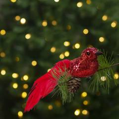 Karácsonyi dísz - csipeszes - glitteres madár - piros - 2 db / csomag - 58643A