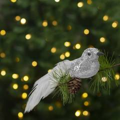 Karácsonyi dísz - csipeszes - glitteres madár - ezüst - 2 db / csomag - 58643C