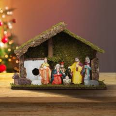 Karácsonyi asztali dekoráció - Betlehem - kerámia és fa - 30 x 10 x 20 cm - 58719