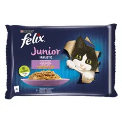 Állateledel alutasakos FELIX Fantastic Junior macskáknak csirke-lazac válogatás aszpikban 4x85g