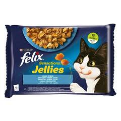 Állateledel alutasakos FELIX Sensations Jellies macskáknak 4-pack halas lazac-tőkehal válogatás aszpikban 4x85g