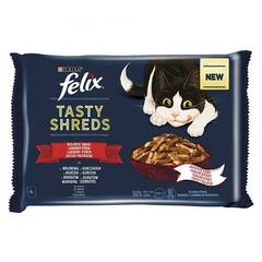Állateledel alutasakos FELIX Tasty Shreds macskáknak 4-pack házias marha-csirke válogatás szószban 4x80g